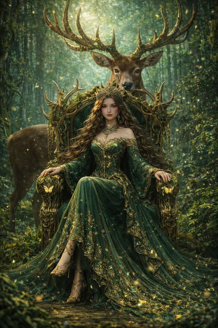 Artemis seated in an emerald gown before a stag in a misty forest
