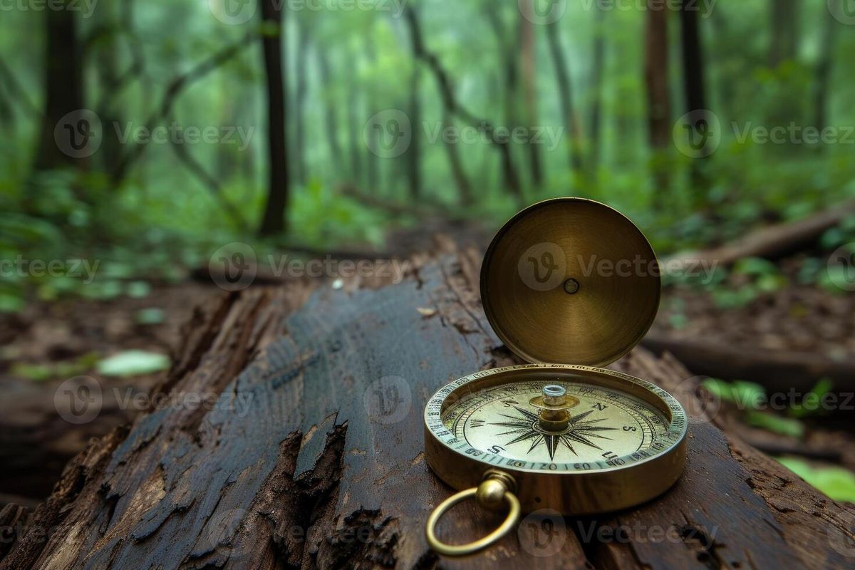 Antique brass compass resting on weathered wood in a green forest setting