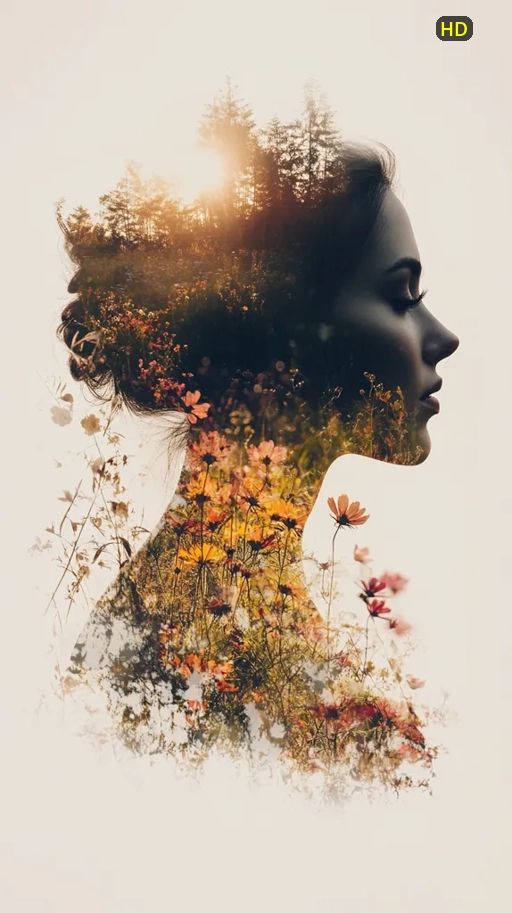 Double-exposure portrait of a woman with trees, wildflowers, and warm sunlight